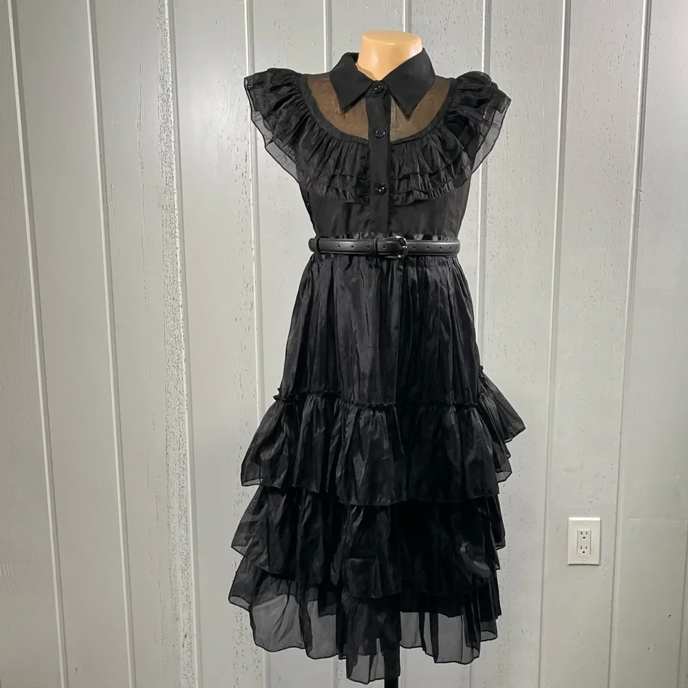 **NWT Wednesday Addams Girl's Black Dress & Wig  Sz 12